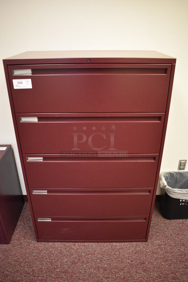 Maroon Metal 5 Drawer Filing Cabinet. 36x18x56. (Whitaker Hall - Room 132 - Office C)