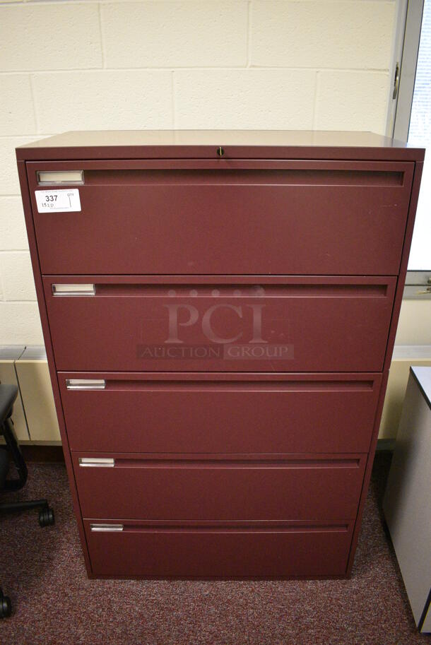Maroon Metal 5 Drawer Filing Cabinet. 36x18x56. (Whitaker Hall - Room 132 - Office D)