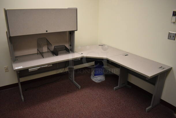 Gray L Shaped Desk w/ Cabinet. 84x72x64. (Whitaker Hall - Room 132 - Office D)