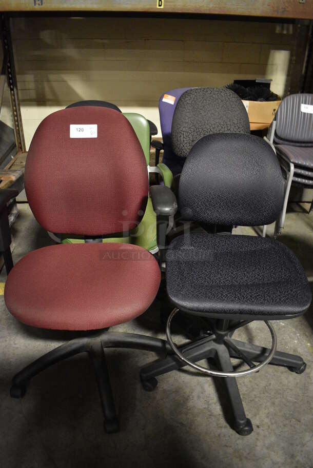 6 Various Office Chairs; Maroon, Green, Purple and Black on Casters. Includes 26x33x39. 6 Times Your Bid! (facilities)