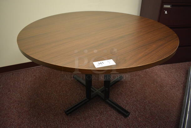 Wood Pattern Round Table on Black Metal Base. 48x48x29. (Whitaker Hall - Room 132 - Office E)