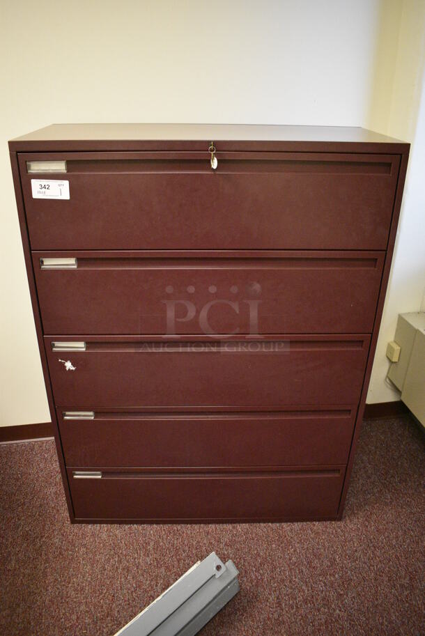 Maroon Metal 5 Drawer Filing Cabinet. 42x18x56. (Whitaker Hall - Room 132 - Office E)