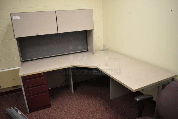 Gray L Shaped Desk w/ Cabinet and Maroon 3 Drawer Filing Cabinet. 78x78x67. (Whitaker Hall - Room 132 - Office E)