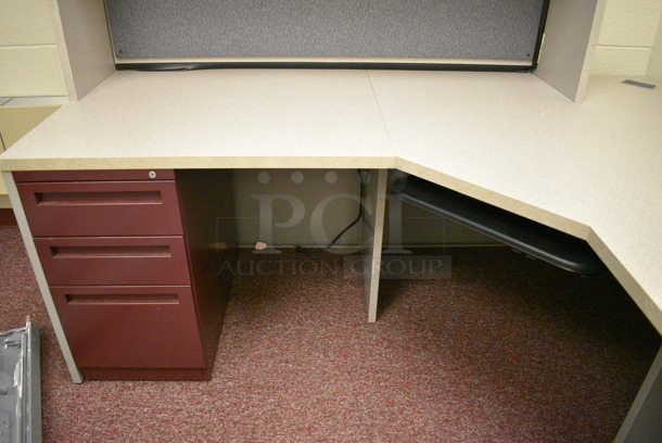 Gray L Shaped Desk w/ Cabinet and Maroon 3 Drawer Filing Cabinet. 78x78x67. (Whitaker Hall - Room 132 - Office E) - Image 2 of 4