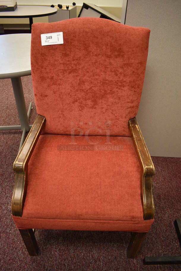 Red Chair w/ Wood Pattern Arm Rests and Legs. 24x24x40. (Whitaker Hall - Room 132 - Office F)