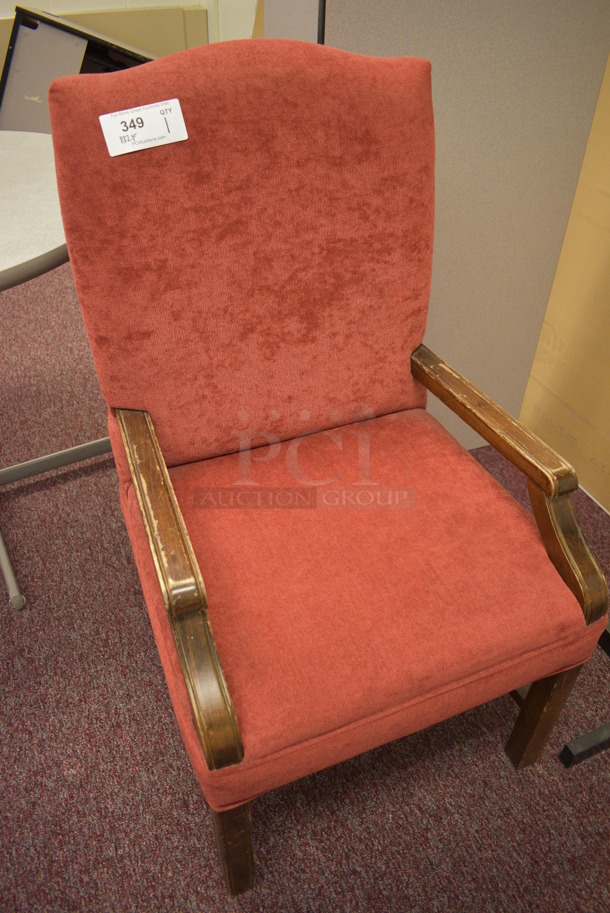 Red Chair w/ Wood Pattern Arm Rests and Legs. 24x24x40. (Whitaker Hall - Room 132 - Office F) - Image 2 of 3