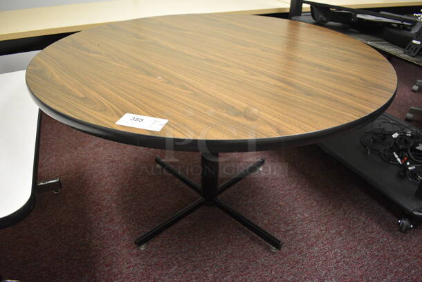 Wood Pattern Round Table on Metal Base. 48x48x29. (Whitaker Hall - Room 132 - Office G)
