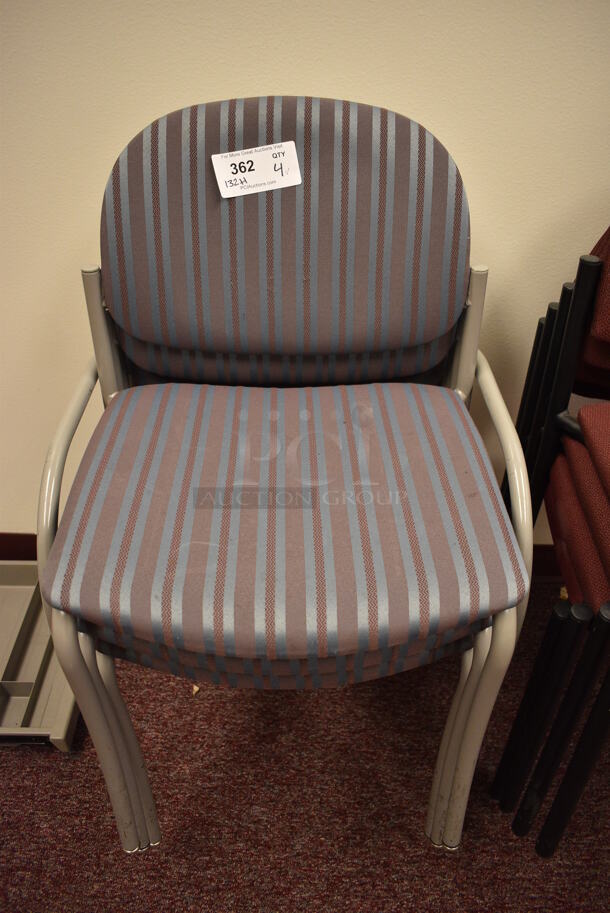 4 Blue Striped Chairs; 1 w/ Arm Rests. Includes 22x18x30. 4 Times Your Bid! (Whitaker Hall - Room 132 - Office H)