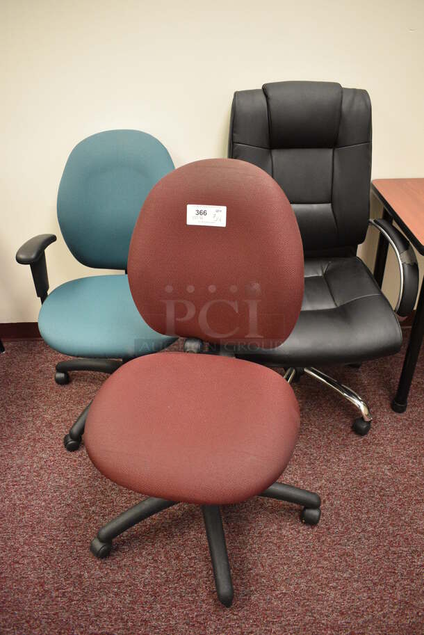 3 Various Office Chairs on Casters; Black, Maroon and Teal. Includes 21x21x41. 3 Times Your Bid! (Whitaker Hall - Room 132 - Office H)