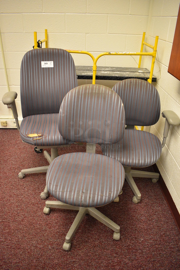 3 Blue Striped Office Chairs on Casters; 2 w/ Arm Rests. Includes 28x21x43. 3 Times Your Bid! (Whitaker Hall - Room 132 - Office H)