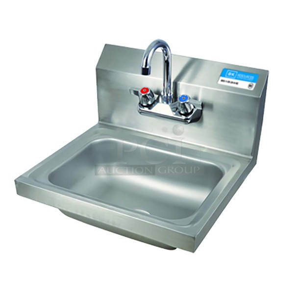 BRAND NEW IN BOX! BKI Model BKHS-W-1410-P-G Stainless Steel Commercial Single Bay Wall Mount Sink w/ Faucet. Stock Picture Used For 
Gallery. 17x16x13