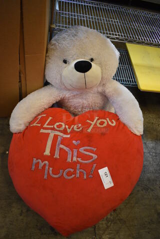 White Teddy Bear Holding Heart. Sitting Bear Is 26" High