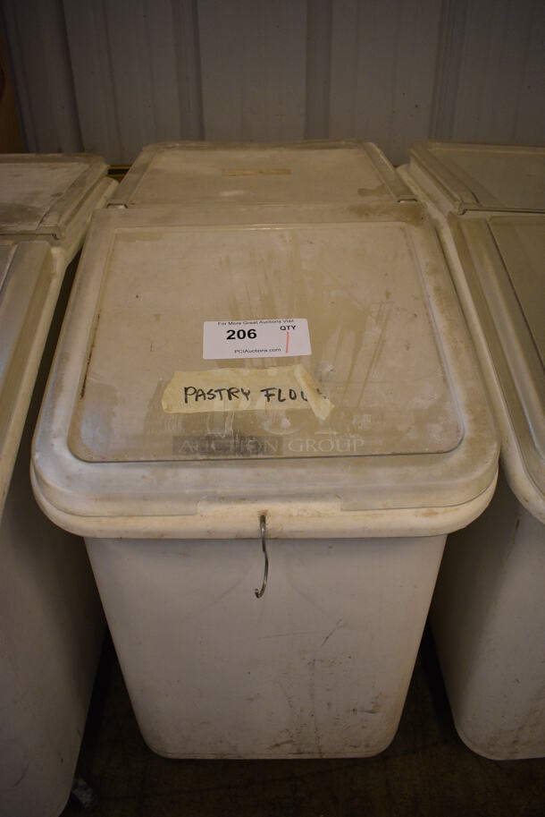 White Poly Ingredient Bin w/ Clear Lid on Commercial Casters. 16x29x29