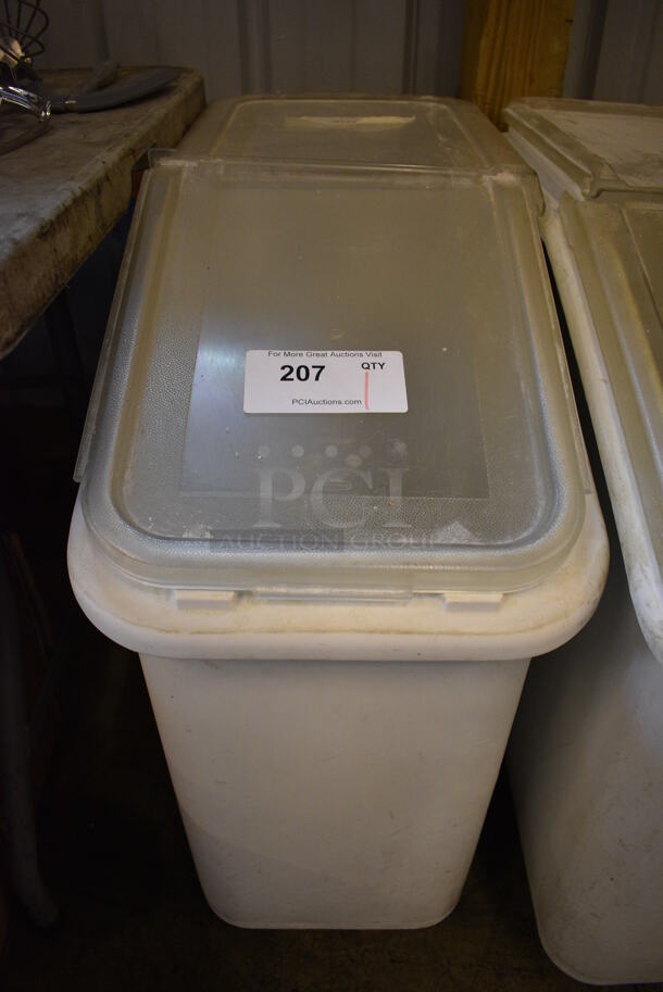 White Poly Ingredient Bin w/ Clear Lid on Commercial Casters. 13x29x29