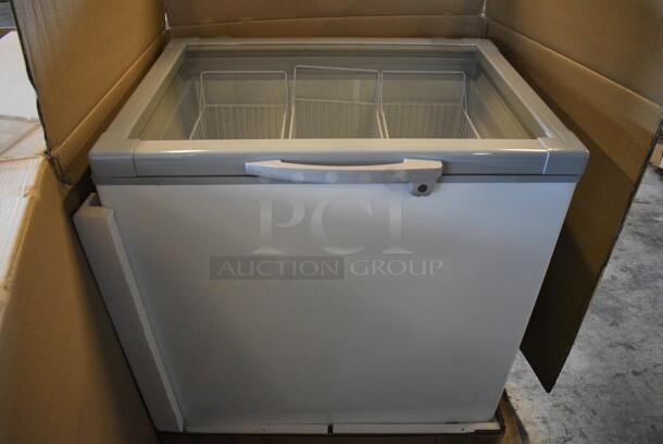 BRAND NEW! Model XS246YBL Metal Commercial Cooler Chest Showcase Merchandiser w/ 2 Sliding Lids. 110 Volts, 1 Phase. 33x26x33.5. Tested and Working!