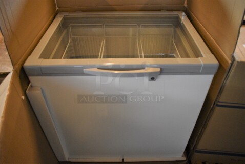 BRAND NEW! Model XS246YBL Metal Commercial Cooler Chest Showcase Merchandiser w/ 2 Sliding Lids. 110 Volts, 1 Phase. 33x26x33.5. Tested and Working!