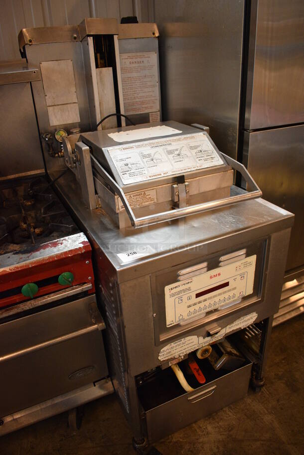 GORGEOUS! Henny Penny Model PFG-690 Stainless Steel Commercial Floor Style Natural Gas Powered Pressure Fryer w/ Filtration System on Commercial Casters. 100,000 BTU. 25x41x63 - Image 3 of 9