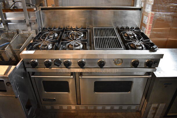 GREAT! Viking Professional Stainless Steel Commercial Gas Powered 6 Burner Range w/ Center Grates and 2 Lower Ovens. 48x27x47 - Image 1 of 8