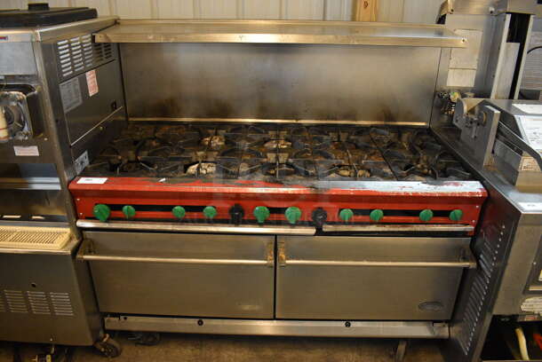 SWEET! Dynamic Cooking Systems Stainless Steel Commercial Gas Powered 10 Burner Range w/ 2 Lower Ovens, Backsplash and Overshelf on Commercial Casters. 60x30x60 - Image 1 of 8