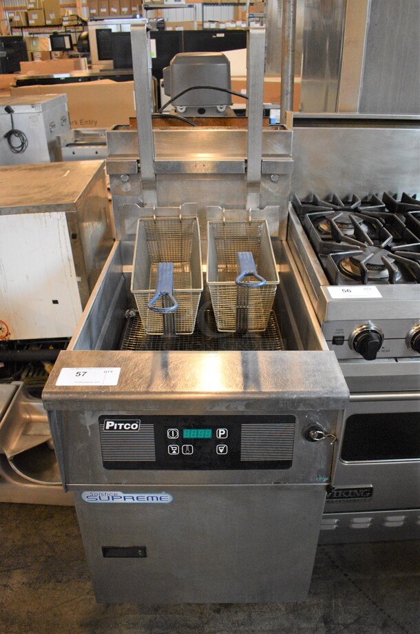 SWEET! 2015 Pitco Frialator Model SSH75 ENERGY STAR Stainless Steel Commercial Natural Gas Powered Deep Fat Fryer w/ 2 Metal Fry Baskets on Commercial Casters. 105,000 BTU. 20x35x56