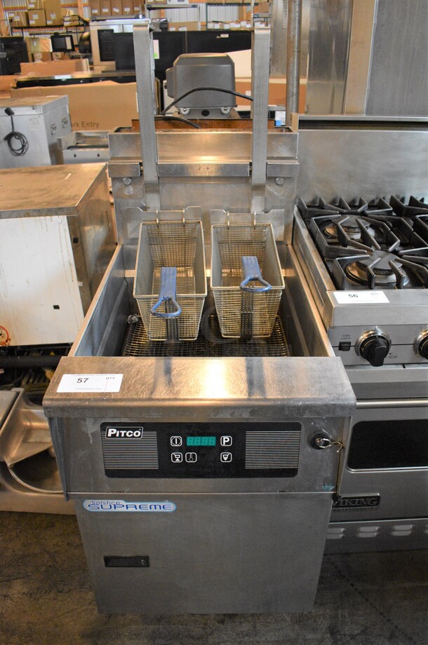 SWEET! 2015 Pitco Frialator Model SSH75 ENERGY STAR Stainless Steel Commercial Natural Gas Powered Deep Fat Fryer w/ 2 Metal Fry Baskets on Commercial Casters. 105,000 BTU. 20x35x56 - Image 1 of 7
