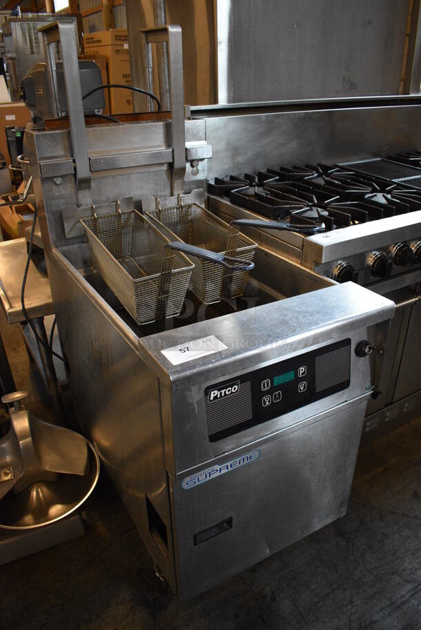 SWEET! 2015 Pitco Frialator Model SSH75 ENERGY STAR Stainless Steel Commercial Natural Gas Powered Deep Fat Fryer w/ 2 Metal Fry Baskets on Commercial Casters. 105,000 BTU. 20x35x56 - Image 4 of 7