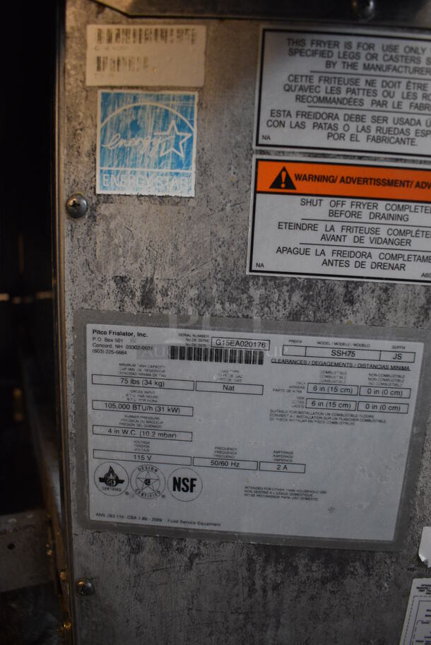 SWEET! 2015 Pitco Frialator Model SSH75 ENERGY STAR Stainless Steel Commercial Natural Gas Powered Deep Fat Fryer w/ 2 Metal Fry Baskets on Commercial Casters. 105,000 BTU. 20x35x56 - Image 7 of 7