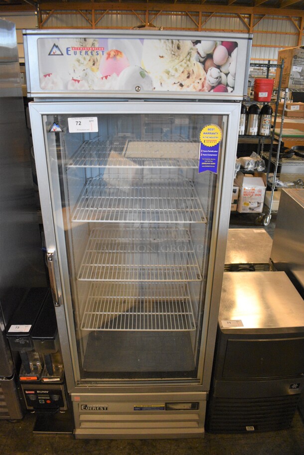 GREAT! Everest Model EMGF23 Metal Commercial Single Door Reach In Freezer Merchandiser w/ Poly Coated Racks. 115 Volts, 1 Phase. 29x32x79. Tested and Powers On But Does Not Get Cold