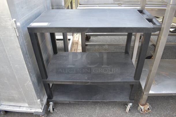 Black Poly Cart w/ Push Handle and 2 Undershelves on Commercial Casters. 35x17.5x34.5