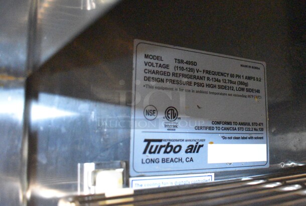SWEET! Turbo Air Model TSR-49SD ENERGY STAR Stainless Steel Commercial 2 Door Reach In Cooler w/ Metal Racks on Commercial Casters. 115 Volts, 1 Phase. 54x30x83. Tested and Powers On But Does Not Get Cold - Image 5 of 7