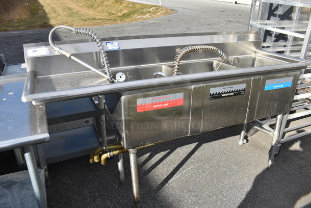 Stainless Steel Commercial 3 Bay Sink w/ Left Side Drainboard, Faucet and 2 Spray Nozzle. 74x24x44. Bays 18x18x13. Drainboard 16x20x1