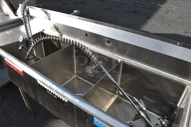 Stainless Steel Commercial 3 Bay Sink w/ Left Side Drainboard, Faucet and 2 Spray Nozzle. 74x24x44. Bays 18x18x13. Drainboard 16x20x1 - Image 3 of 5