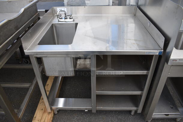 Stainless Steel Commercial Counter w/ Sink Basin, Faucet, Handles, Side/Back Splash Guards and 3 Undershelves. 36x31x38. Bay 10x18x12 - Image 1 of 4