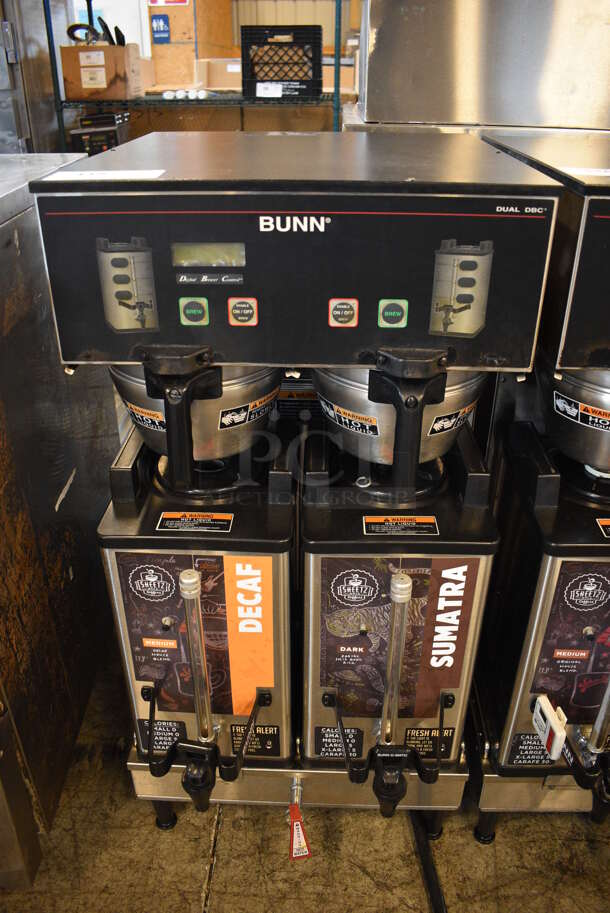GREAT! 2012 Bunn Model DUAL SH DBC Stainless Steel Commercial Countertop Dual Coffee Machine w/ Hot Water Dispenser, 2 Bunn Model SH SERVER Satellite Servers and 2 Metal Brew Baskets. 120/208-240 Volts, 1 Phase. 18x23x36. Tested and Working!
