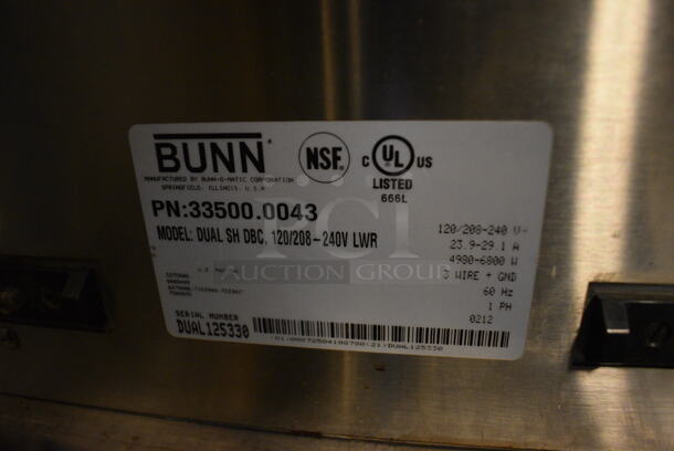 GREAT! 2012 Bunn Model DUAL SH DBC Stainless Steel Commercial Countertop Dual Coffee Machine w/ Hot Water Dispenser, 2 Bunn Model SH SERVER Satellite Servers and 2 Metal Brew Baskets. 120/208-240 Volts, 1 Phase. 18x23x36. Tested and Working! - Image 5 of 5