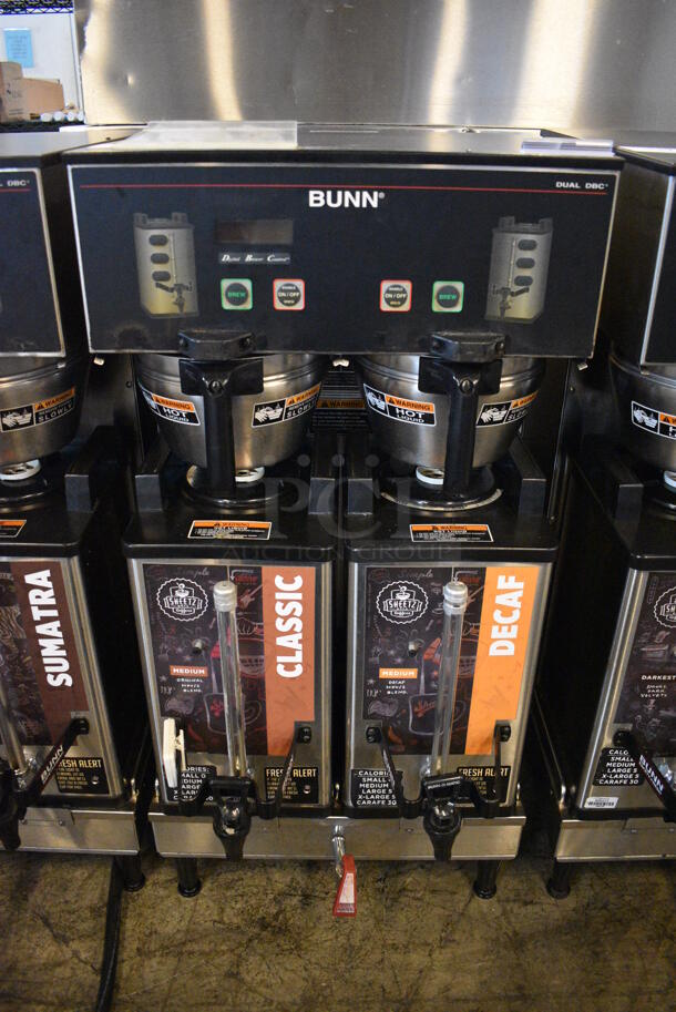 GREAT! 2012 Bunn Model DUAL SH DBC Stainless Steel Commercial Countertop Dual Coffee Machine w/ Hot Water Dispenser, 2 Bunn Model SH SERVER Satellite Servers and 2 Metal Brew Baskets. 120/208-240 Volts, 1 Phase. 18x23x36. Tested and Working! - Image 1 of 5
