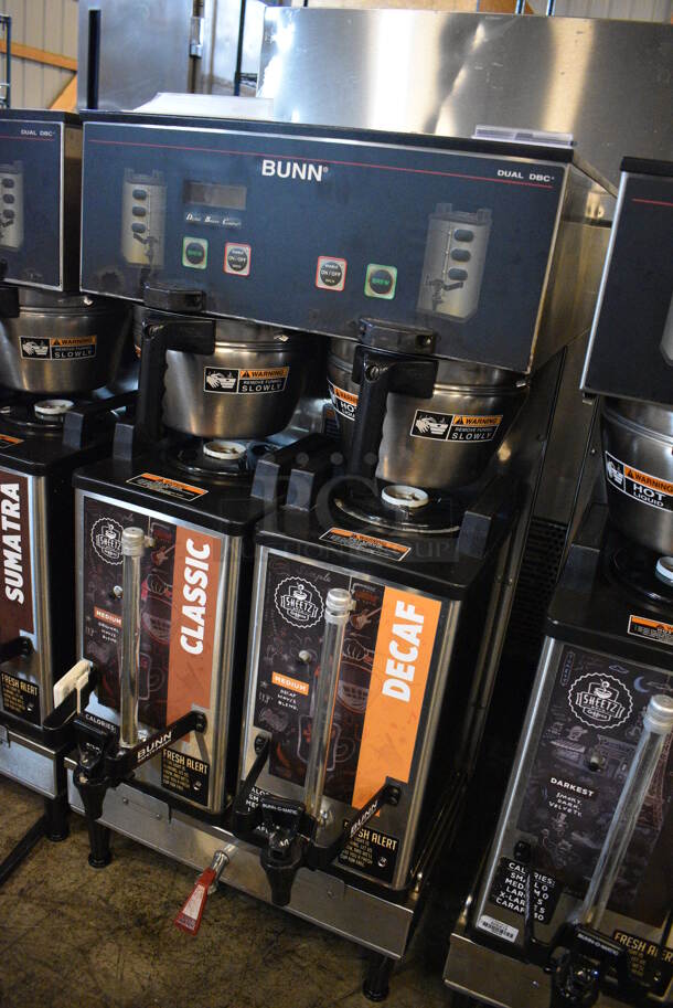 GREAT! 2012 Bunn Model DUAL SH DBC Stainless Steel Commercial Countertop Dual Coffee Machine w/ Hot Water Dispenser, 2 Bunn Model SH SERVER Satellite Servers and 2 Metal Brew Baskets. 120/208-240 Volts, 1 Phase. 18x23x36. Tested and Working! - Image 2 of 5