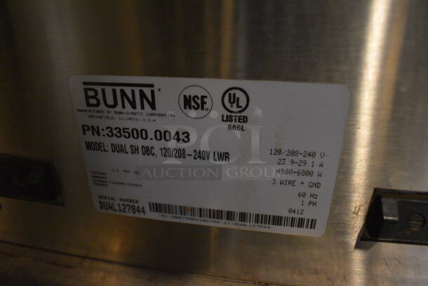 GREAT! 2012 Bunn Model DUAL SH DBC Stainless Steel Commercial Countertop Dual Coffee Machine w/ Hot Water Dispenser, 2 Bunn Model SH SERVER Satellite Servers and 2 Metal Brew Baskets. 120/208-240 Volts, 1 Phase. 18x23x36. Tested and Working! - Image 5 of 5