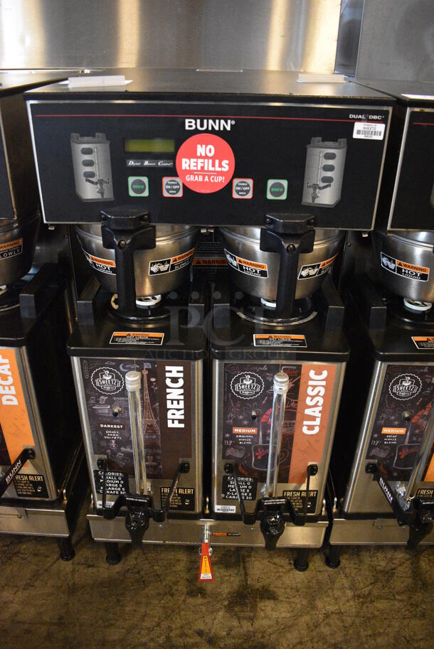 GREAT! 2017 Bunn Model DUAL SH DBC Stainless Steel Commercial Countertop Dual Coffee Machine w/ Hot Water Dispenser, 2 Bunn Model SH SERVER Satellite Servers and 2 Metal Brew Baskets. 120/208-240 Volts, 1 Phase. 18x23x36. Tested and Working!