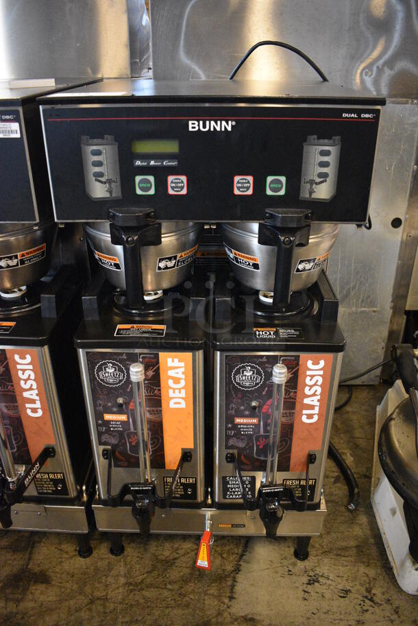 GREAT! 2016 Bunn Model DUAL SH DBC Stainless Steel Commercial Countertop Dual Coffee Machine w/ Hot Water Dispenser, 2 Bunn Model SH SERVER Satellite Servers and 2 Metal Brew Baskets. 120/208-240 Volts, 1 Phase. 18x23x36. Tested and Working!
