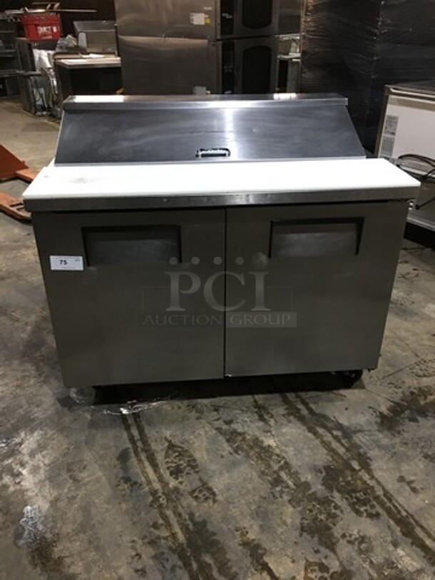 True Commercial Refrigerated Sandwich Prep Table! With 2 Door Underneath Storage Space! All Stainless Steel! Model TSSU4812 Serial 13941123! 115V 1Phase! On Commercial Casters!