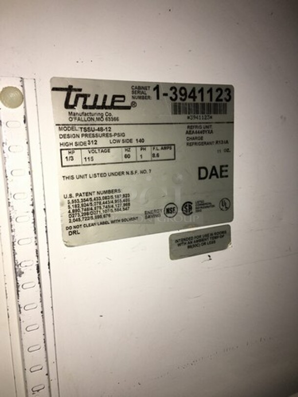 True Commercial Refrigerated Sandwich Prep Table! With 2 Door Underneath Storage Space! All Stainless Steel! Model TSSU4812 Serial 13941123! 115V 1Phase! On Commercial Casters! - Image 10 of 11