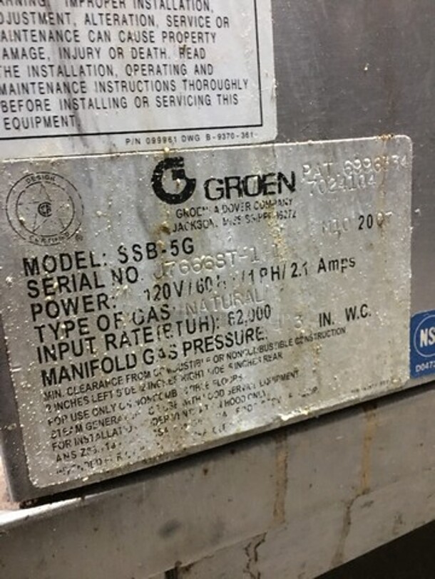 NICE! Groen Smart Steam Commercial Natural Gas Powered Steamer! With Top & Bottom Solid Doors! All Stainless Steel! Model SSB5G Serial J7666ST11! 120V 1Phase! On Commercial Casters! - Image 9 of 10