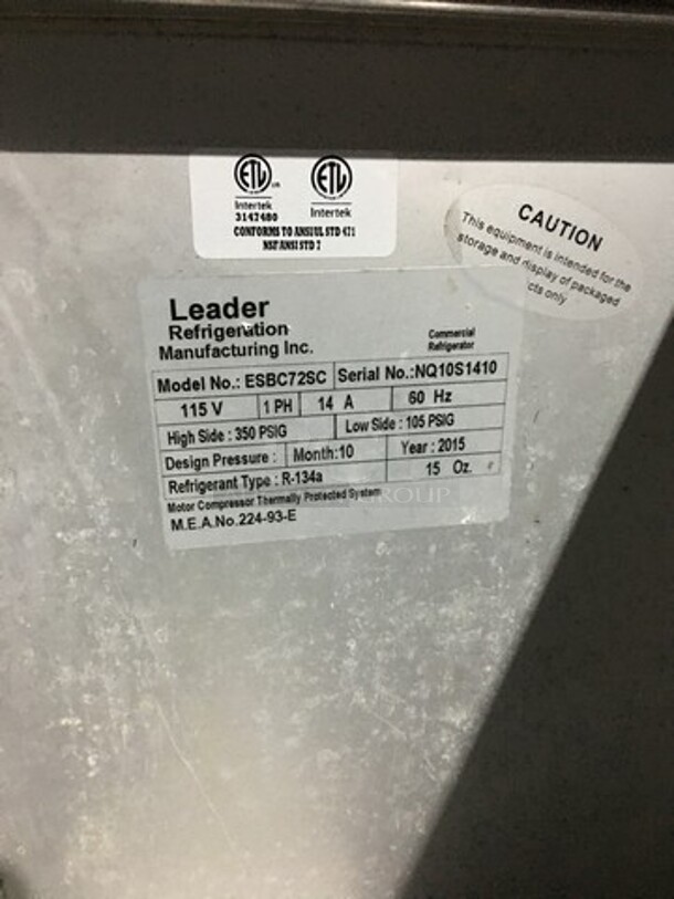 Leader Commercial 3 Door Refrigerated Beer Cooler! All Stainless Steel! Model ESBC72SC Serial NQ10S1410! 115V 1 Phase! On Casters!  - Image 7 of 9