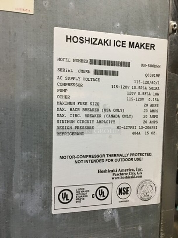 Hoshizaki Commercial Ice Making Machine! With Ice Bin! All Stainless Steel! Model KM500MWH Serial Q03919F! 115/120V 1Phase! On Legs! 2 X Your Bid! Makes One Unit! - Image 5 of 7