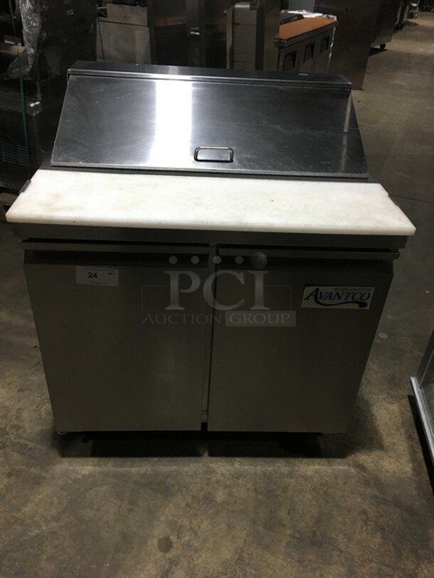 Avantco Commercial Refrigerated Sandwich Prep Table! With 2 Door Underneath Storage Space! With Commercial Cutting Board! All Stainless Steel! Model 178SCL236! 115V! On Casters!