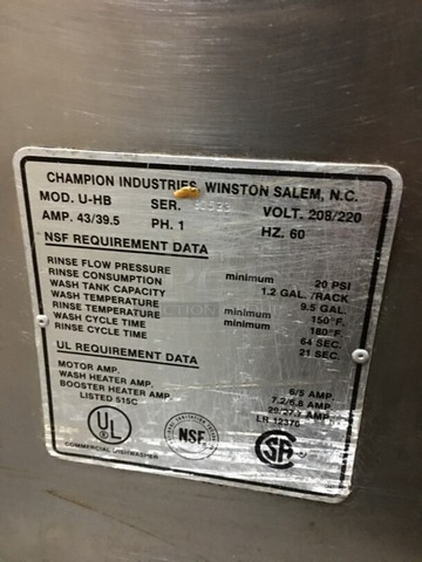 Champion Stainless Steel Under The Counter Commercial Dishwasher! With Dish Rack! Model UHB Serial 80523! 208/220 1 Phase! - Image 9 of 10