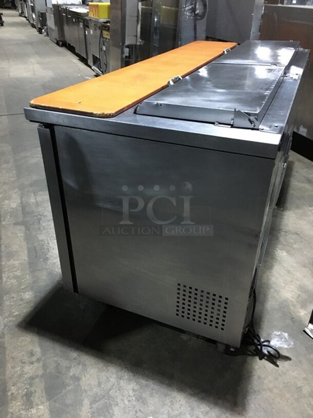 True Refrigerated 3 Door Stainless Steel Sandwich Prep Table! With Poly Coated Racks! With Wooden Cutting Board! Model TSSU7218 Serial 7296098! 115V 1Phase! On Commercial Casters! - Image 3 of 10