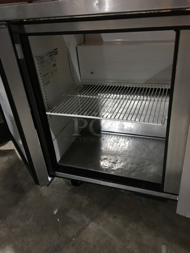 True Refrigerated 3 Door Stainless Steel Sandwich Prep Table! With Poly Coated Racks! With Wooden Cutting Board! Model TSSU7218 Serial 7296098! 115V 1Phase! On Commercial Casters! - Image 6 of 10