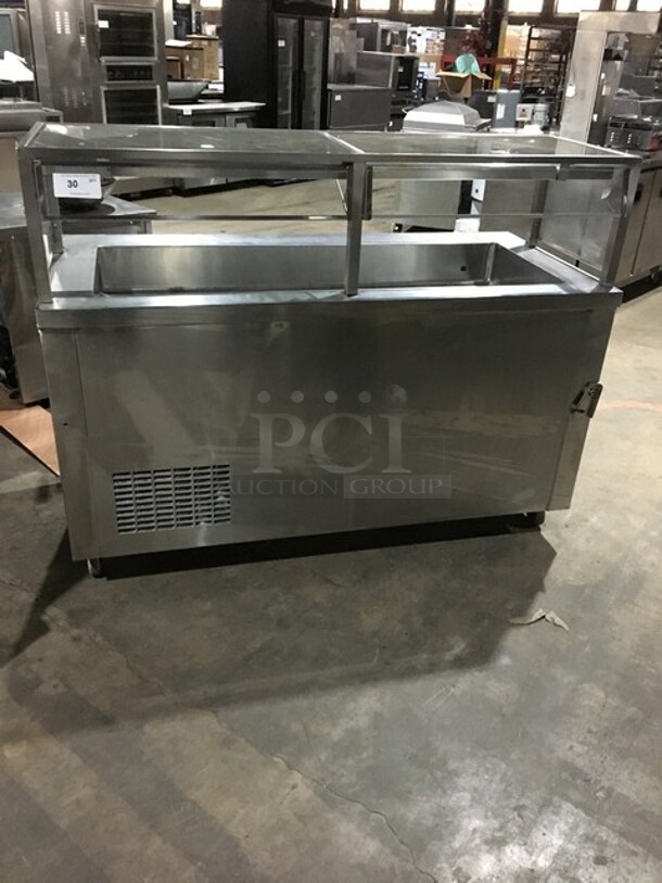 Nice! Dunhill Refrigerated Cold Pan/Salad Bar Work/Serving Station! With Underneath Storage Space! With Sneeze Guard! All Stainless Steel! Model C560MO Serial 08288! 120V! On Casters!